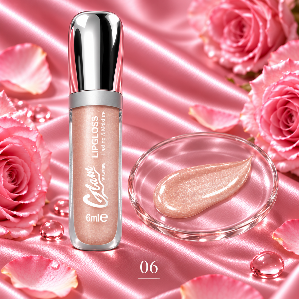 Glossy Shine — teinte 06 — flacon chromé et texture illustrative