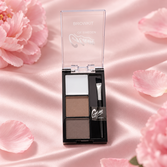 Kit Sourcils Browkit H01371 ouvert sur satin rose, cire et deux poudres