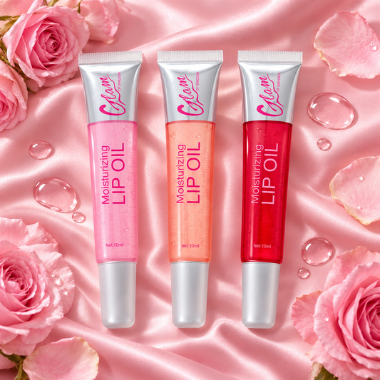 Lip Oil Pink, Peach et Cherry sur satin rose