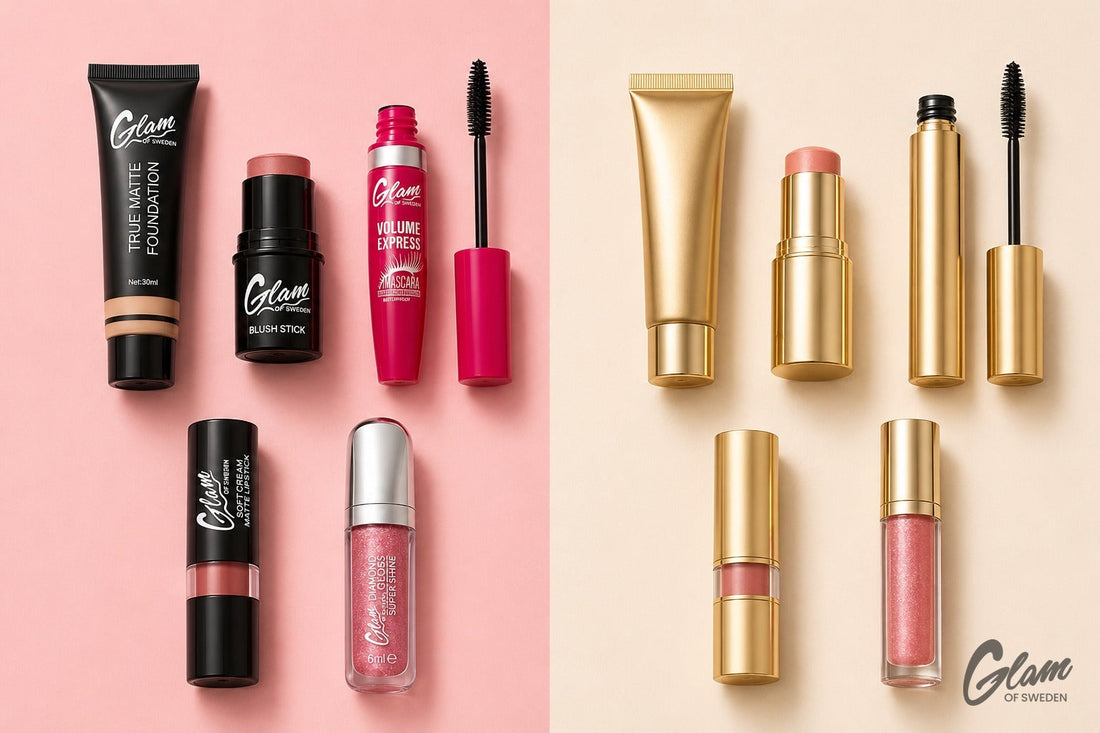 Flat lay comparatif de produits de maquillage, alternatives abordables — Glam of Sweden Maroc