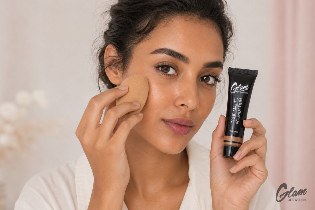 Femme marocaine à la peau mate appliquant un fond de teint, teint unifié — Glam of Sweden Maroc