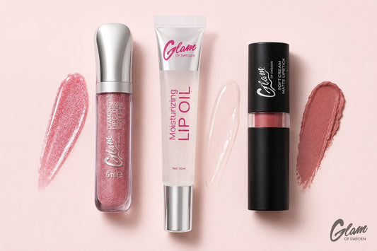 Gloss, huile et rouge à lèvres côte à côte avec swatches sur la peau — Glam of Sweden Maroc