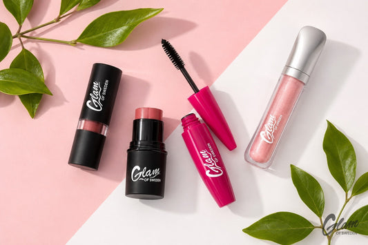 Flat lay de produits de maquillage vegan avec feuilles vertes fraîches — Glam of Sweden Maroc