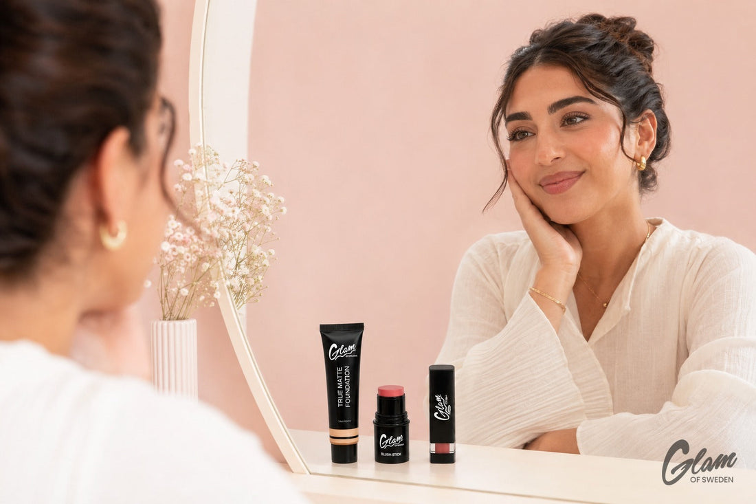 Femme marocaine satisfaite se regardant dans un miroir, maquillage naturel — Glam of Sweden Maroc