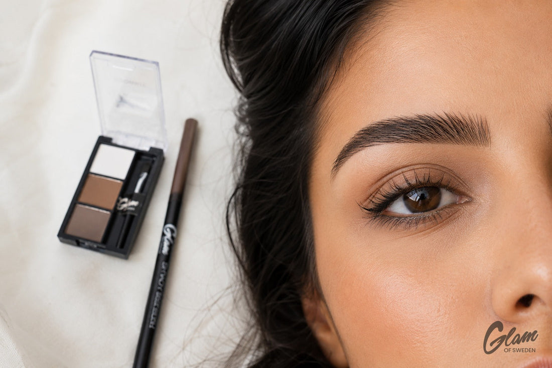Sourcils structurés d'une femme marocaine avec crayon, poudre et gel sourcils — Glam of Sweden Maroc