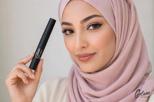 Femme marocaine en hijab tenant le mascara Glam of Sweden, regard mis en valeur — Glam of Sweden Maroc