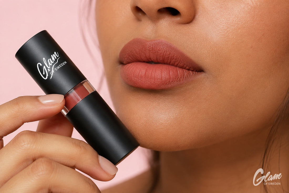 Lèvres d'une femme marocaine à peau mate avec un rouge à lèvres nude terracotta — Glam of Sweden Maroc