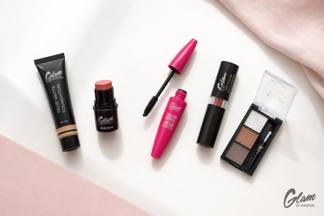 Flat lay de 5 produits de maquillage essentiels pour une routine simple — Glam of Sweden Maroc