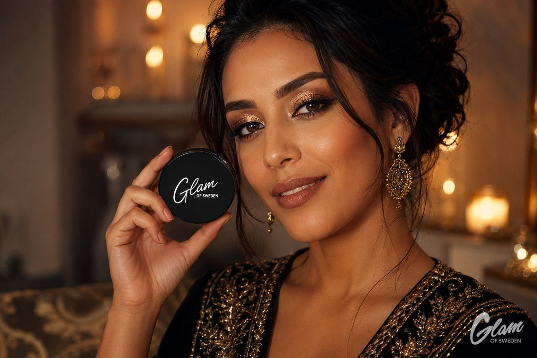 Femme marocaine au maquillage de soirée élégant, yeux métallisés — Glam of Sweden Maroc