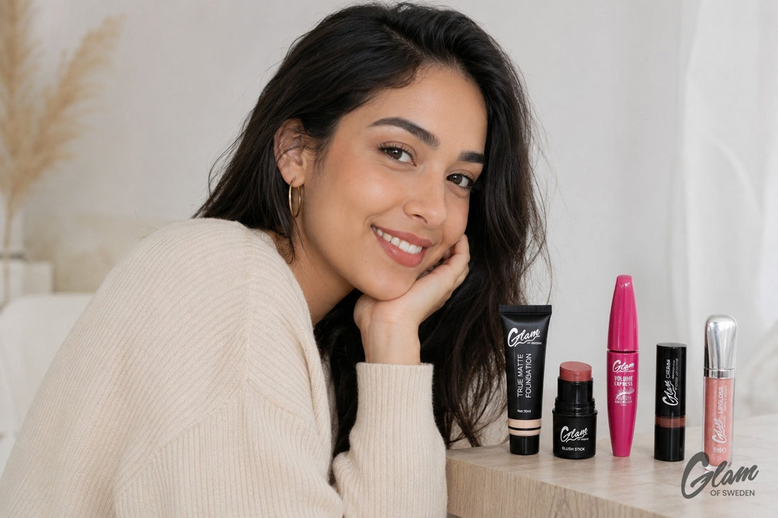 Femme marocaine au maquillage quotidien naturel avec produits essentiels — Glam of Sweden Maroc