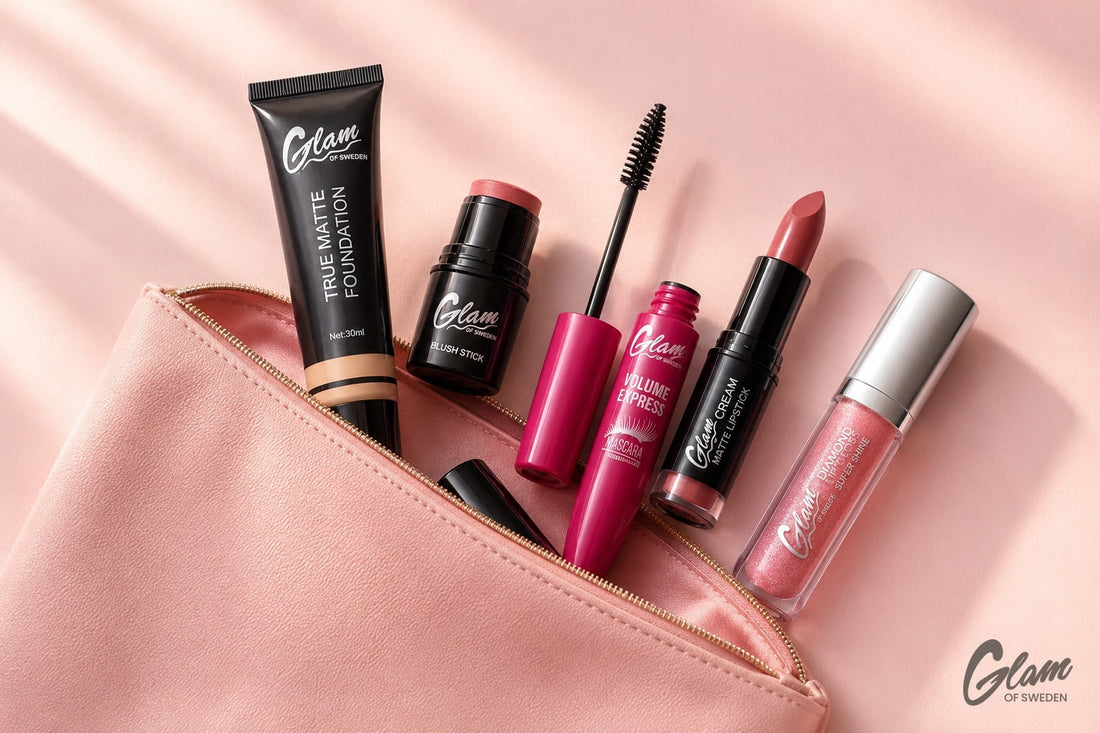 Trousse de maquillage complète à petit budget étalée sur fond rose poudré — Glam of Sweden Maroc