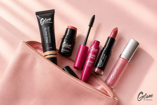 Trousse de maquillage complète à petit budget étalée sur fond rose poudré — Glam of Sweden Maroc