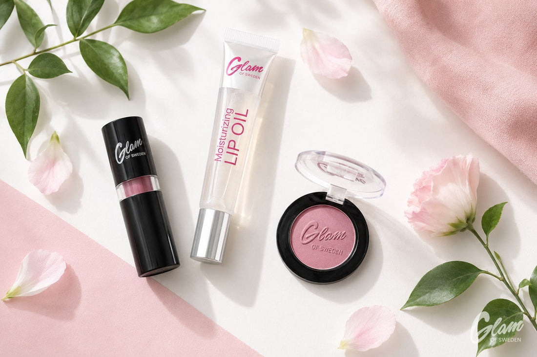 Produits de maquillage vegan posés près de feuilles végétales — Glam of Sweden Maroc