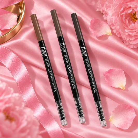 Shady Slim Brow Pencil Glam of Sweden, Warm, Medium et Dark Brown sur fond rose