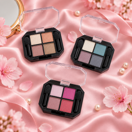 Eyeshadow Métallique — Nude, Rose et Bleu-gris sur satin rose
