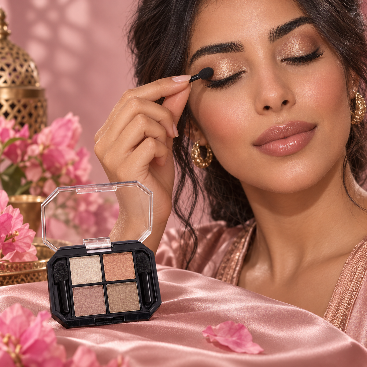 Application de la teinte Nude doré avec palette posée sur satin rose