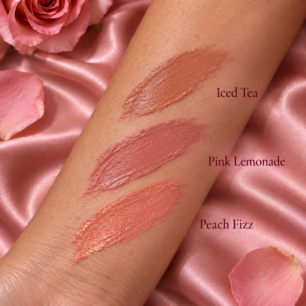 Glow Balm Blush — Textures Iced Tea, Pink Lemonade et Peach Fizz sur peau