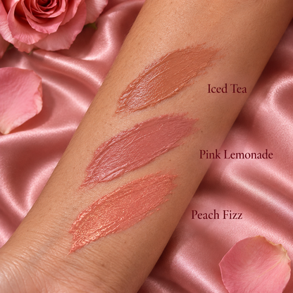 Glow Balm Blush — Textures Iced Tea, Pink Lemonade et Peach Fizz sur peau