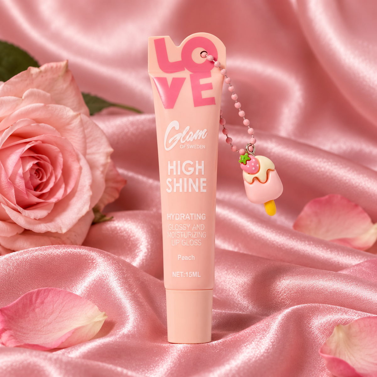Lipgloss Love Peach — tube 15 ml et charm