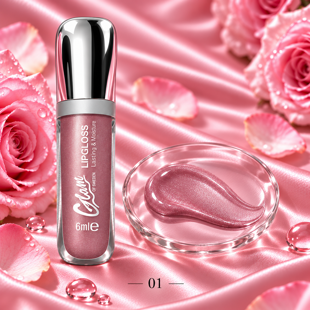 Glossy Shine — teinte 01 — flacon chromé et texture illustrative