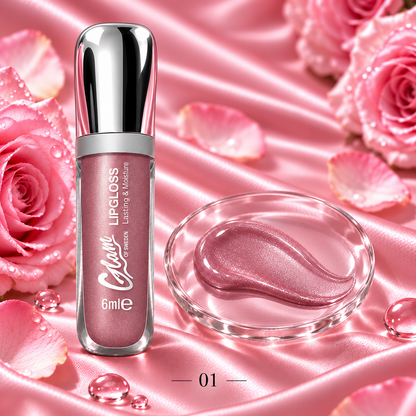 Glossy Shine — teinte 01 — flacon chromé et texture illustrative