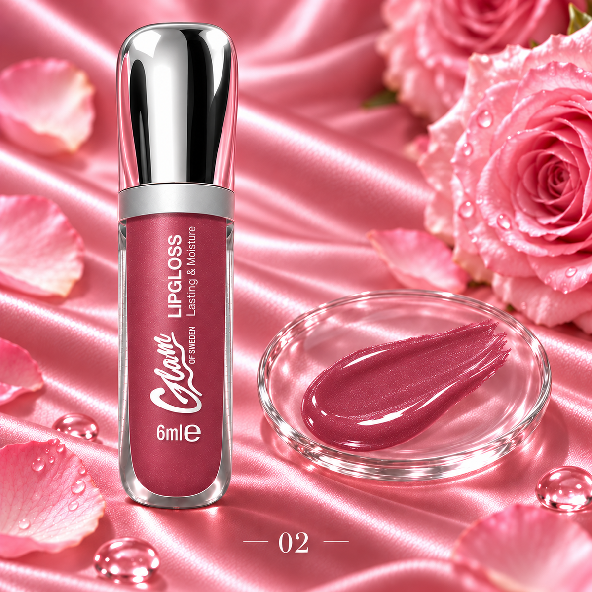 Glossy Shine — teinte 02 — flacon chromé et texture illustrative