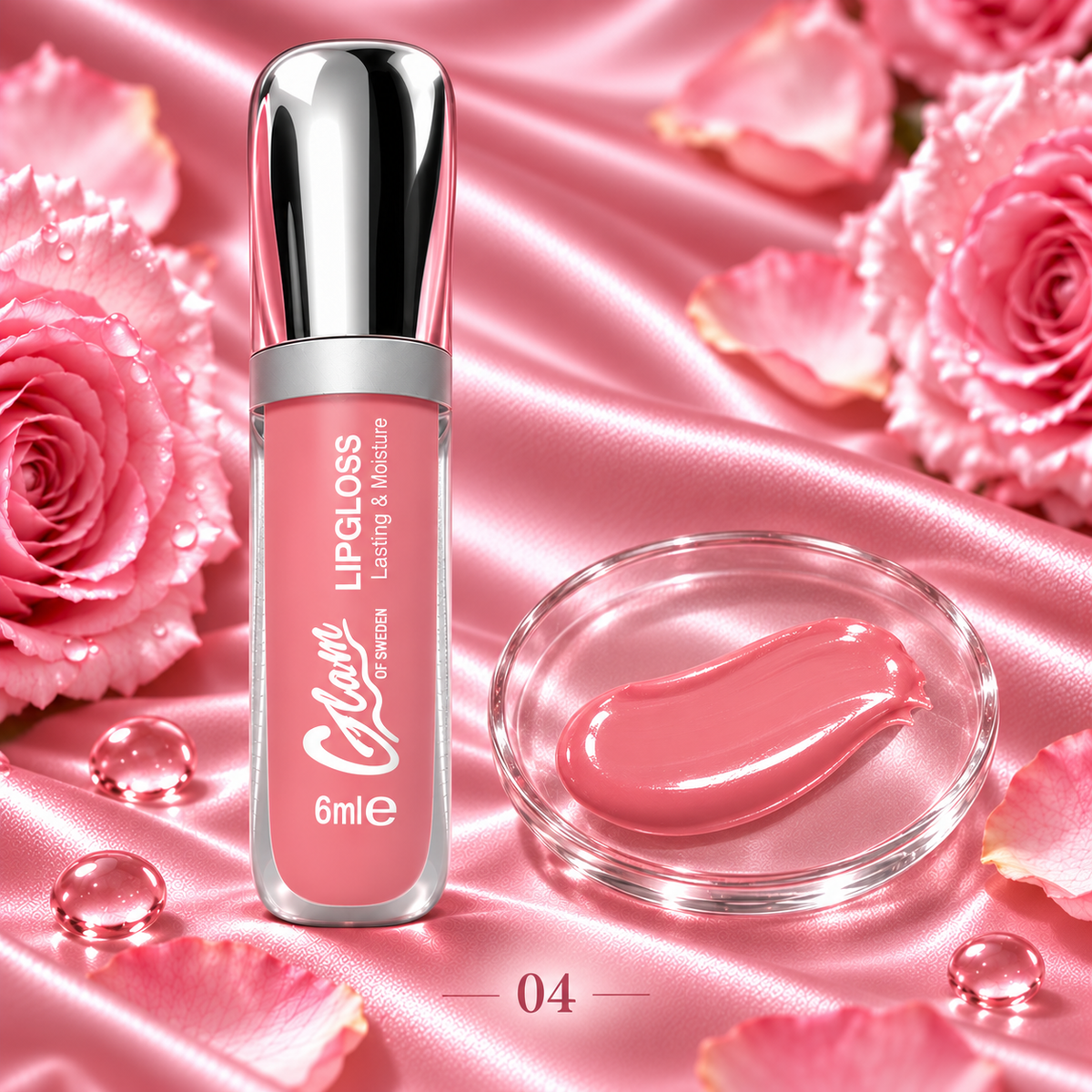 Glossy Shine — teinte 04 — flacon chromé et texture illustrative