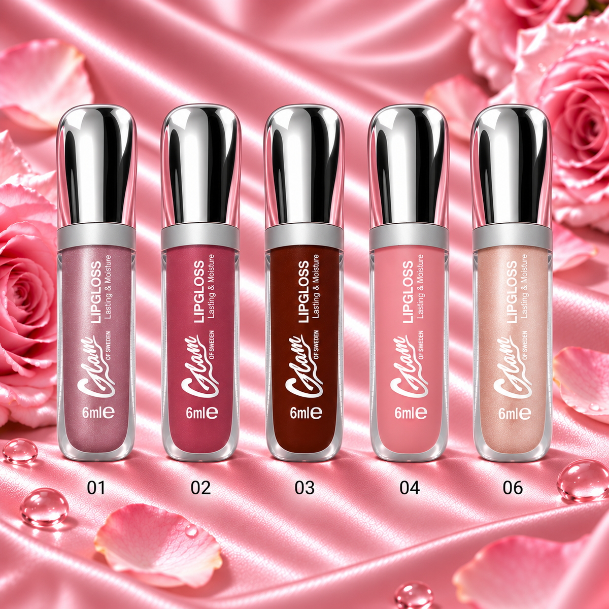 Glossy Shine — nuancier officiel 01, 02, 03, 04 et 06 — satin rose
