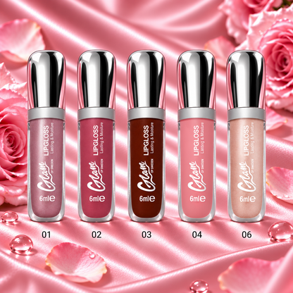 Glossy Shine — nuancier officiel 01, 02, 03, 04 et 06 — satin rose