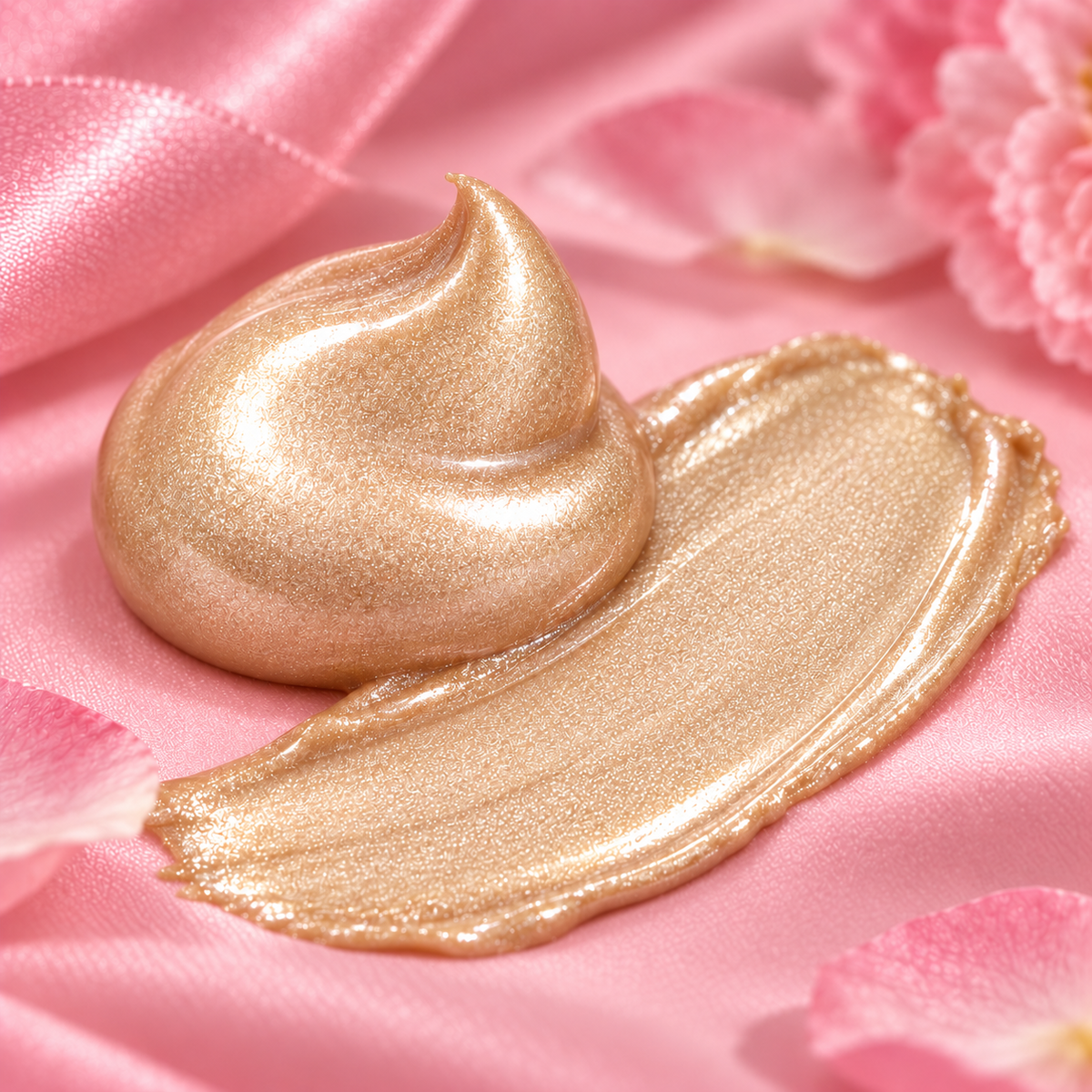 Highlighter Crème Champagne — texture nacrée sur fond rose, visuel illustratif