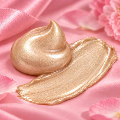 Highlighter Crème Champagne — texture nacrée sur fond rose, visuel illustratif