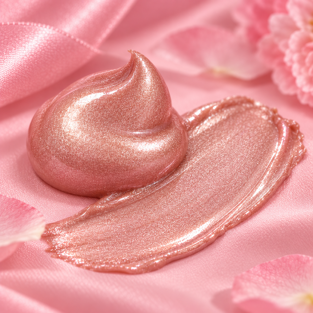 Highlighter Crème Rose — texture nacrée sur fond rose, visuel illustratif