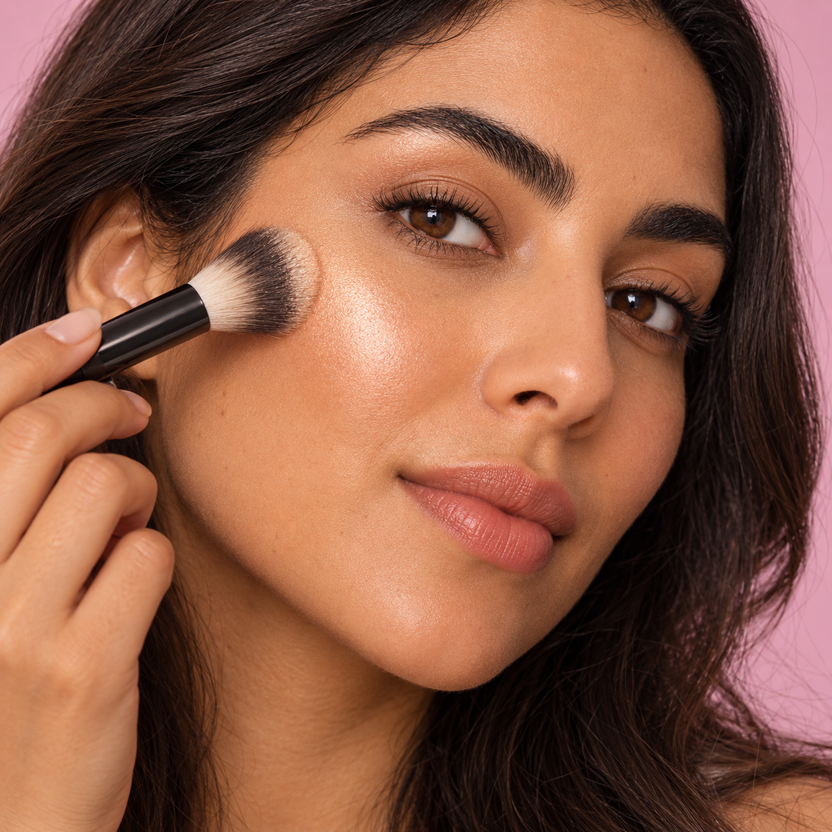 Highlighter Poudre — application sur pommette, modèle adulte, visuel illustratif