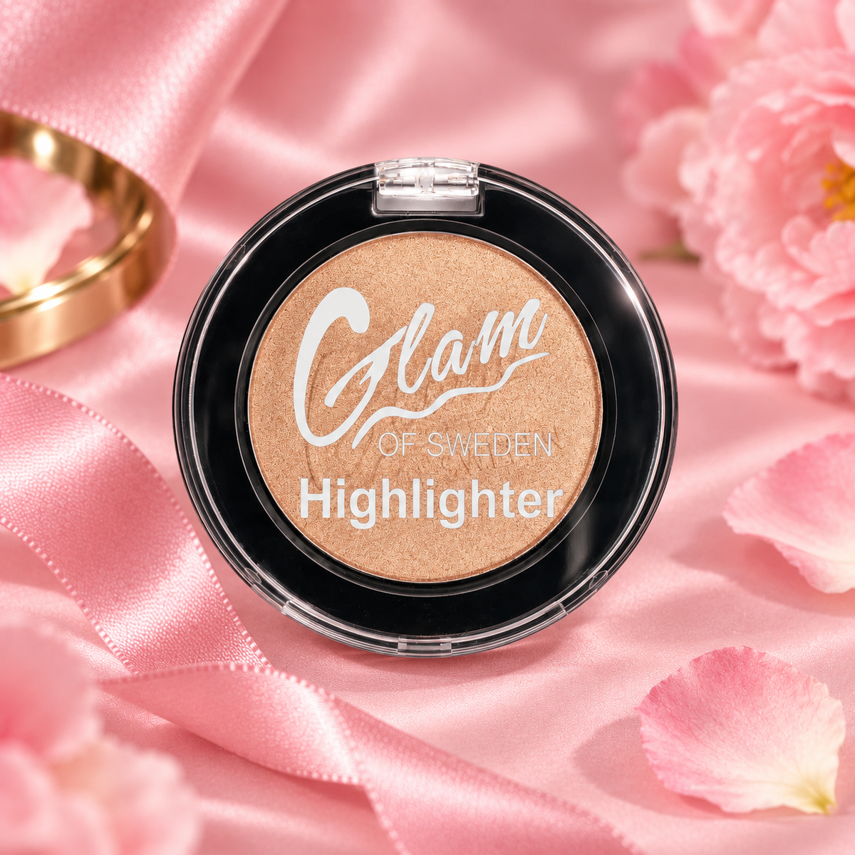 Highlighter Poudre H01375 — boîtier fermé sur fond rose, visuel illustratif
